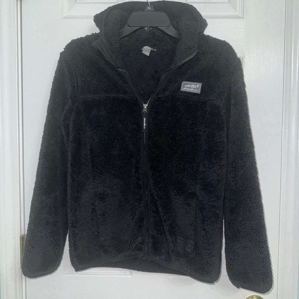 Eddie Bauer Kids Black Sherpa Fleece Full Zip Hooded Jacket Size L 14